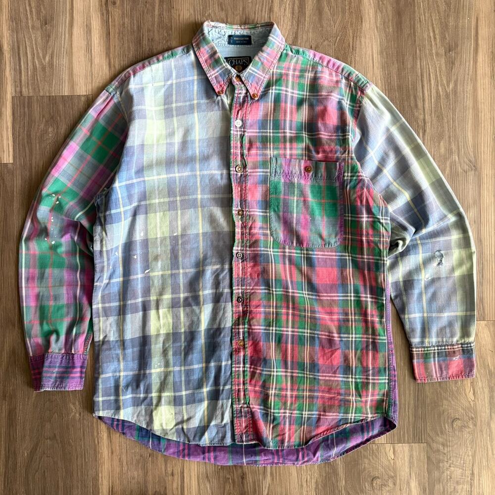 Vintage Patchwork Button Up Shirt Men's Size L Multicolor Worn Thrashed Chaps